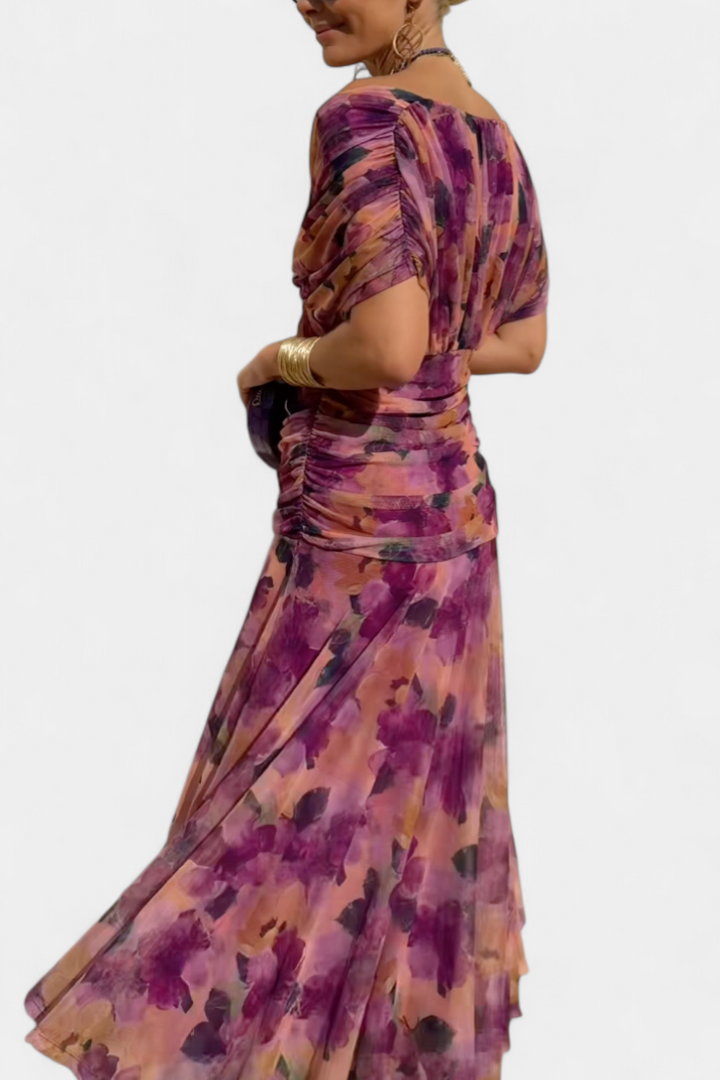 Vestido Largo Estampado Floral con Escote en V y Cintura Plisada | Vestido de Fiesta Elegante para Mujer y Eventos Especiales