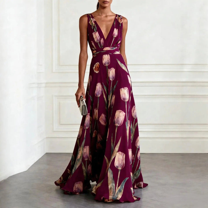 Vestido Largo de Fiesta para Invitada de Boda con Estampado de Tulipanes y Escote en V - Diseño de Gasa Fluido y Elegante