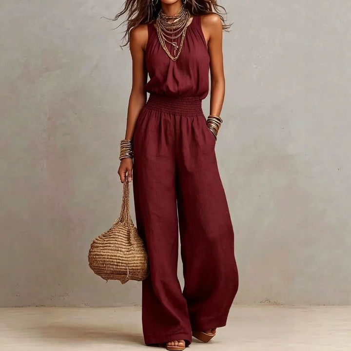 Mono Largo de Mujer con Cuello Halter y Pierna Ancha | Mono Ligero y Fluido con Cintura Elástica para Verano y Viajes