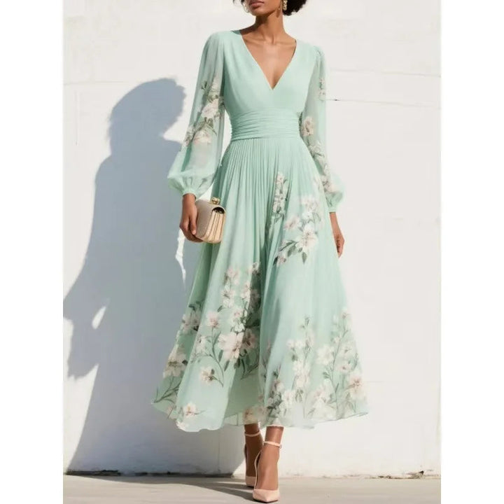 Rochie maxi boho florală cu decolteu în V și mâneci bufante | Rochie lungă cu croială în A și talie înaltă pentru nunți și evenimente