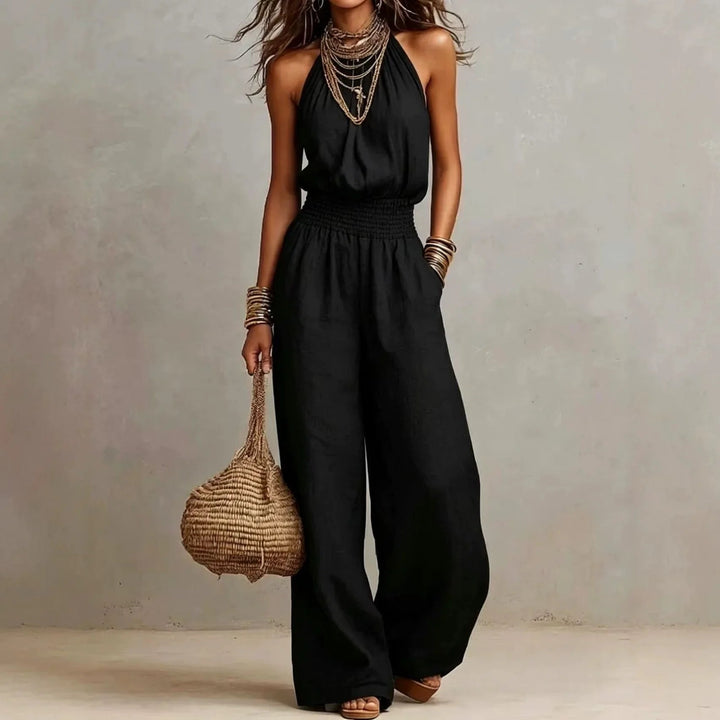 Mono Largo de Mujer con Cuello Halter y Pierna Ancha | Mono Ligero y Fluido con Cintura Elástica para Verano y Viajes