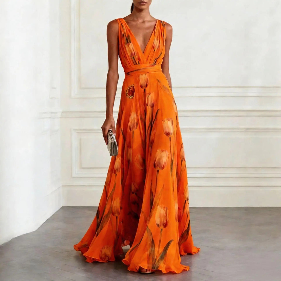 Vestido Largo de Fiesta para Invitada de Boda con Estampado de Tulipanes y Escote en V - Diseño de Gasa Fluido y Elegante