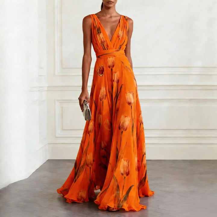 Vestido Largo de Fiesta para Invitada de Boda con Estampado de Tulipanes y Escote en V - Diseño de Gasa Fluido y Elegante