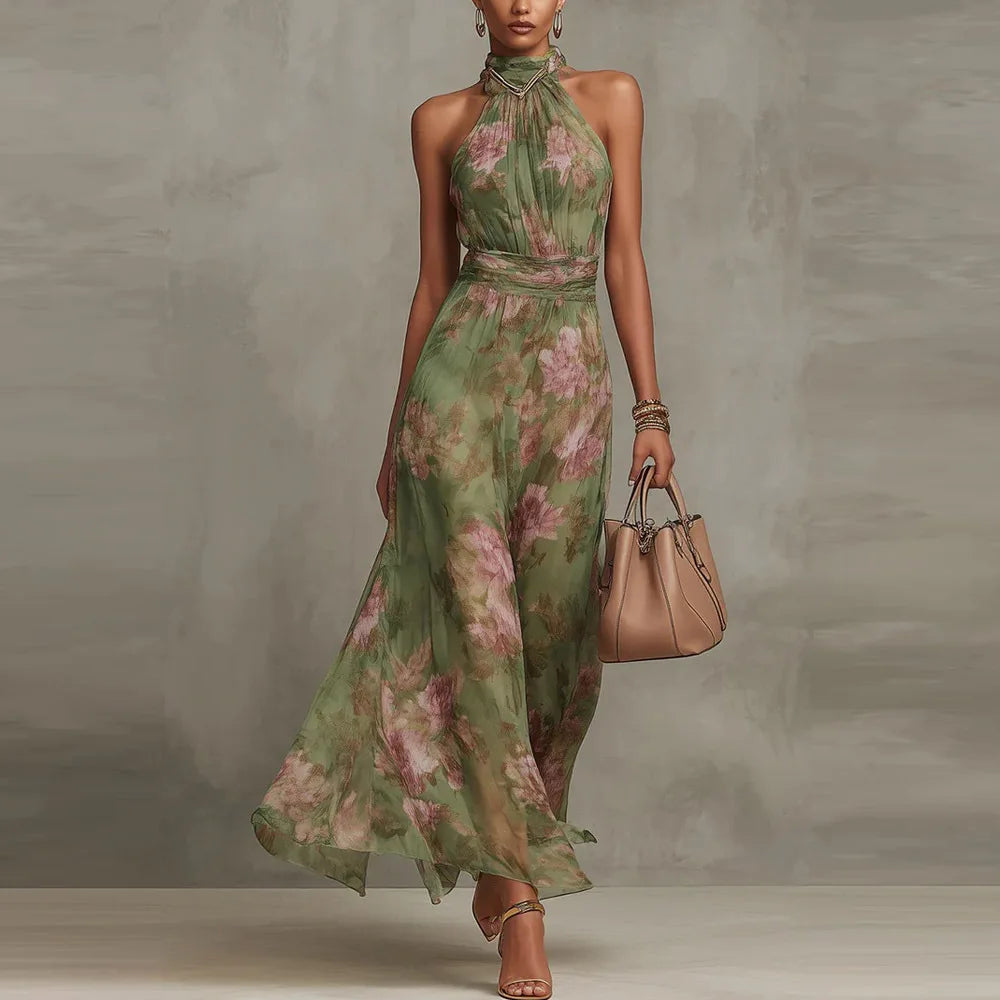 Vestido Largo de Fiesta para Invitada de Boda con Estampado Floral y Cuello Halter | Diseño Elegante con Cintura Fruncida