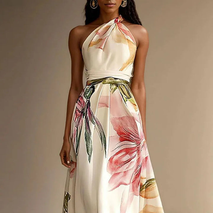 Floral Long Dress for Wedding Guest | Party Dress with Halter Neck and Defined Waist for Summer Events