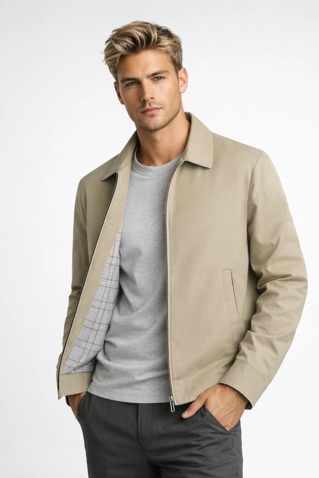 Jachetă bărbați business casual și minimalistă cu căptușeală în carouri pentru primăvară