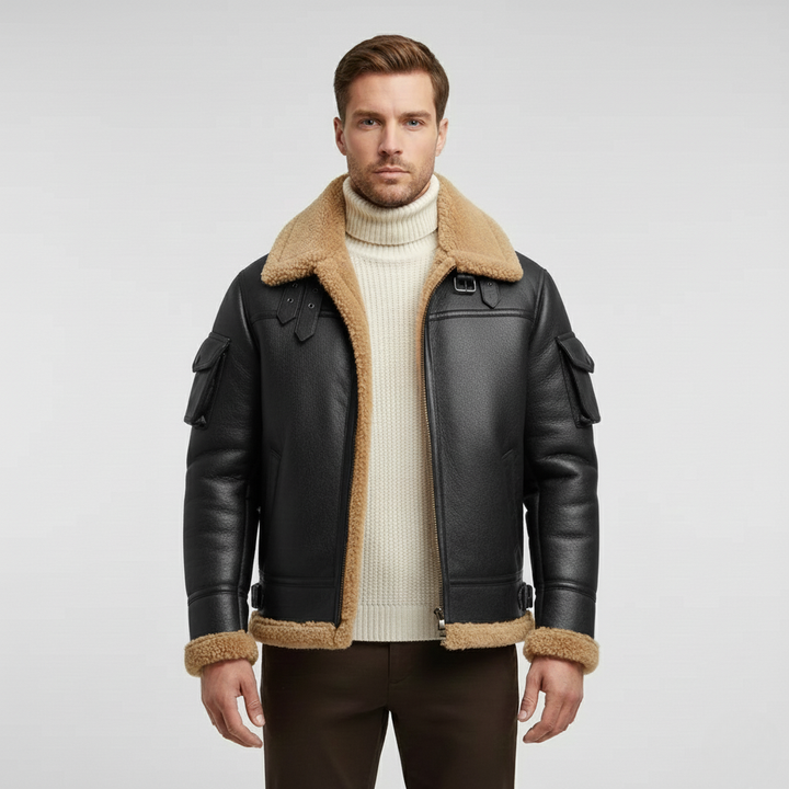Pánská kožená bunda s beránkem v barvě velbloudí srsti na zimu