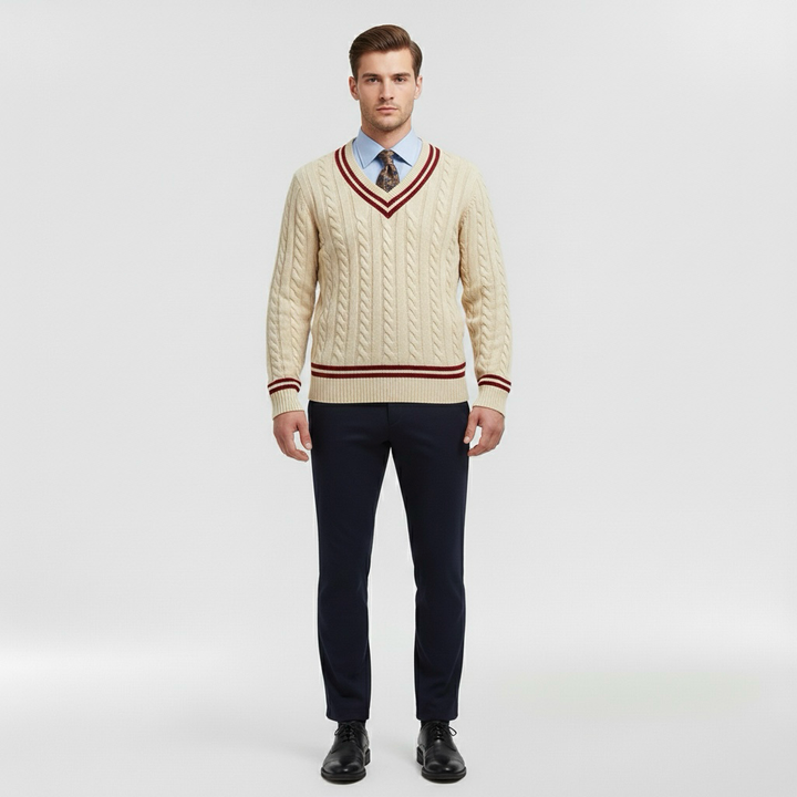 Strickpullover mit V-Ausschnitt für Herren mit kontrastierendem Rand