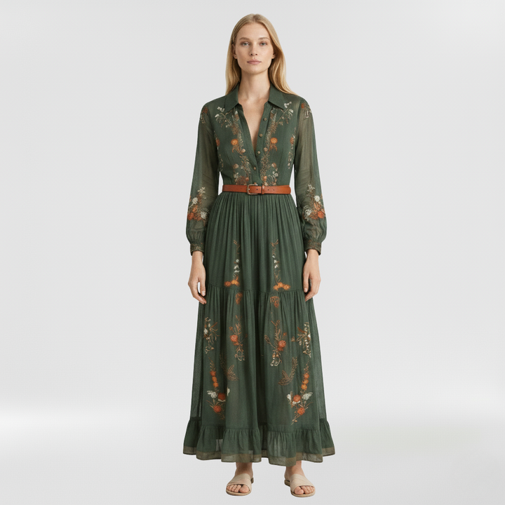 Dlouhé vzorované šaty pro ženy s volnými dlouhými rukávy