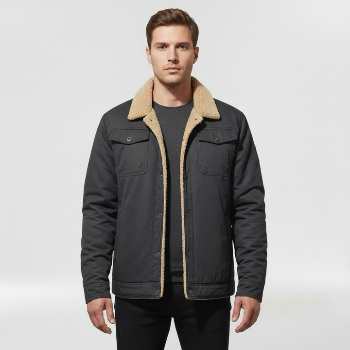 Pánská bunda s límcem z beránčí kožešiny a předním zipem pro chladné počasí