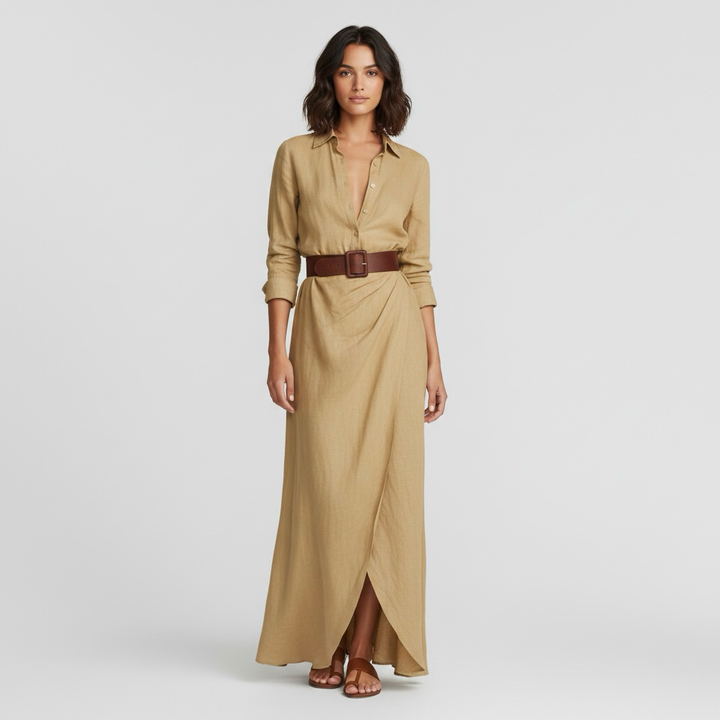 Abito lungo da donna a maniche lunghe con cintura per eventi