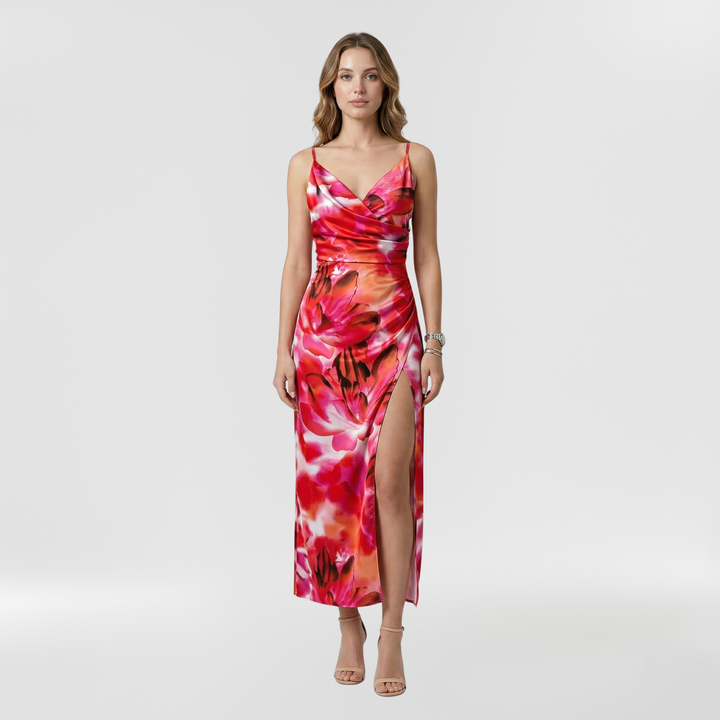 Abito lungo con spacco laterale e bretelle per donna