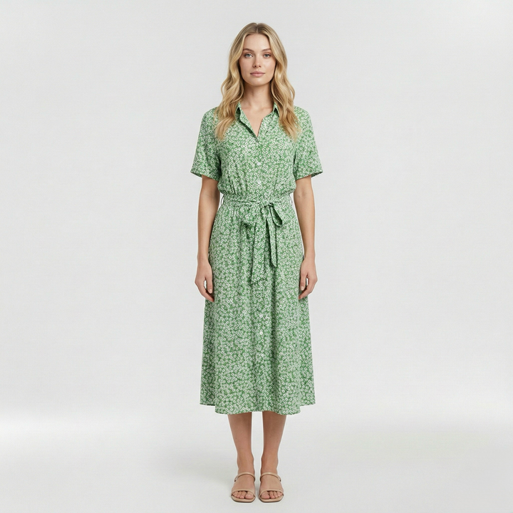 Vestito midi stampato con cintura e manica corta da donna