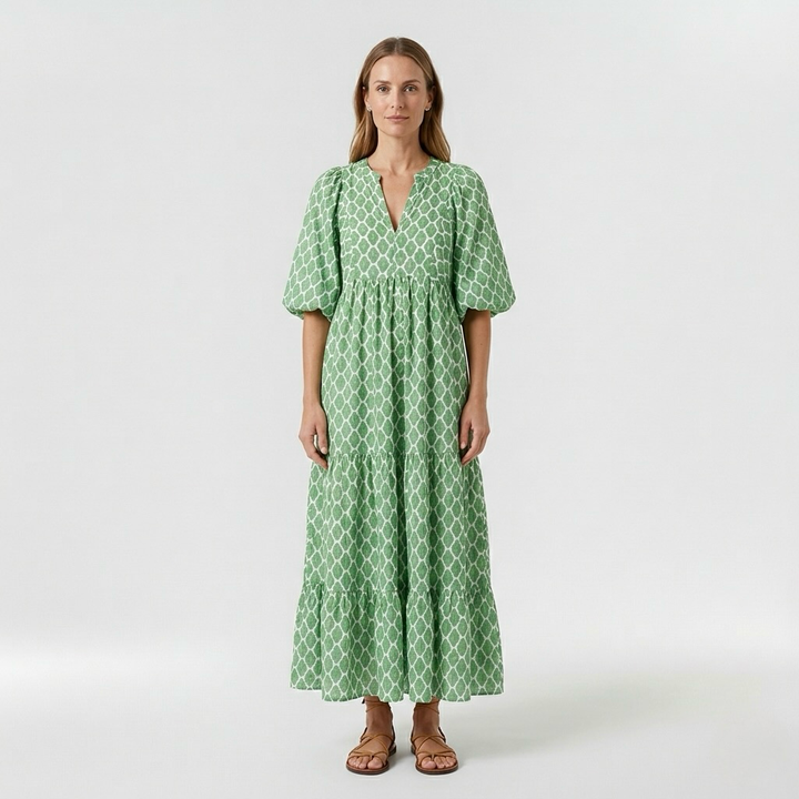 Abito lungo verde a fantasia con maniche corte da donna