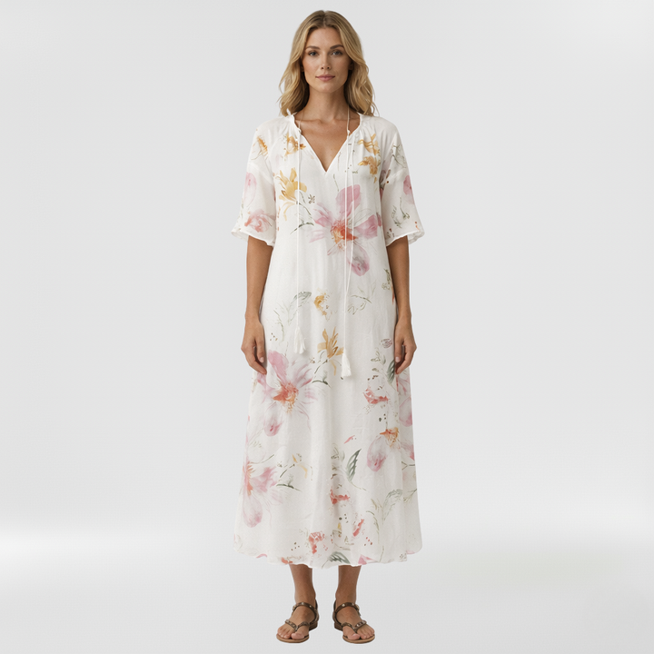 Abito lungo a fiori con maniche corte da donna