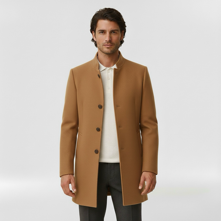 Men's coat with single front button fastening for winter