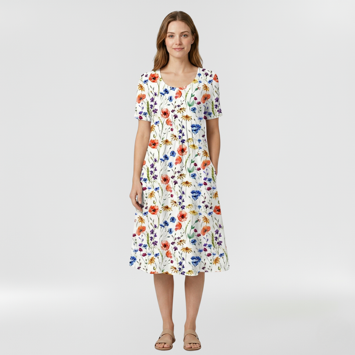 Vestido midi floral de manga corta para mujer diario