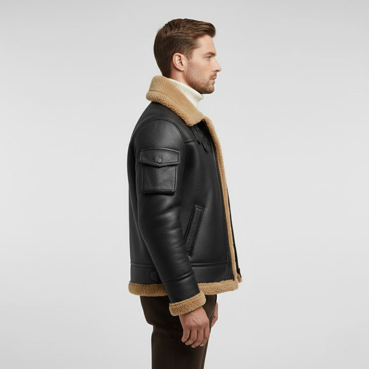 Pánská kožená bunda s beránkem v barvě velbloudí srsti na zimu