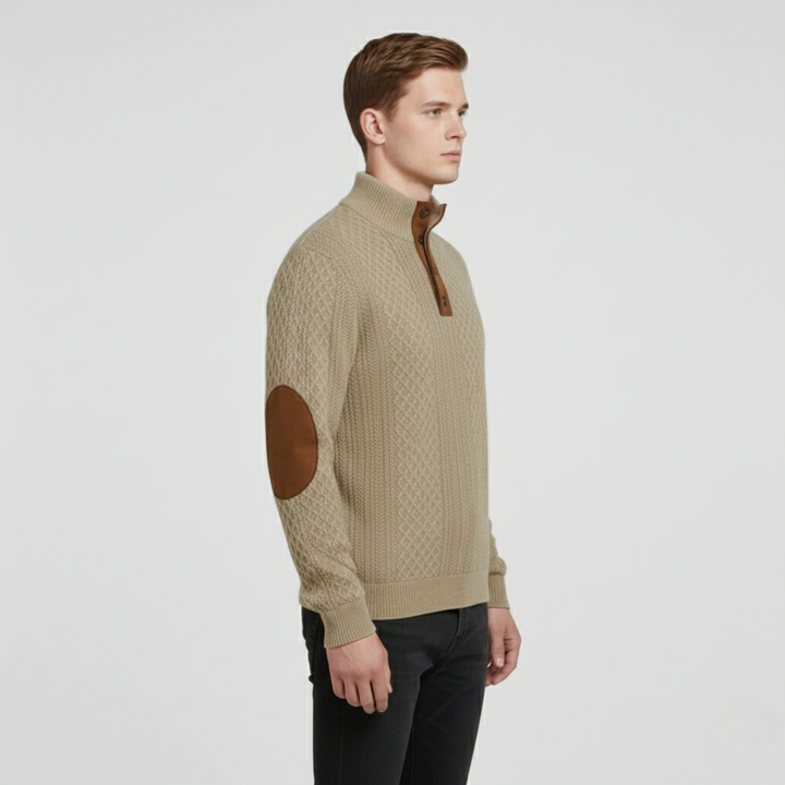 Maglione a maglia con mezza cerniera da uomo con toppe sui gomiti