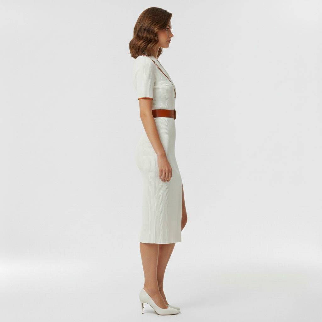 Vestido midi con cinturón de manga corta para trabajo y eventos