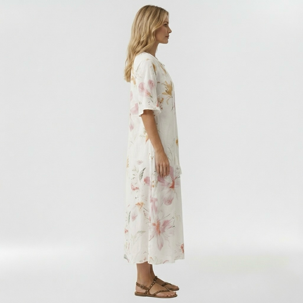 Abito lungo a fiori con maniche corte da donna