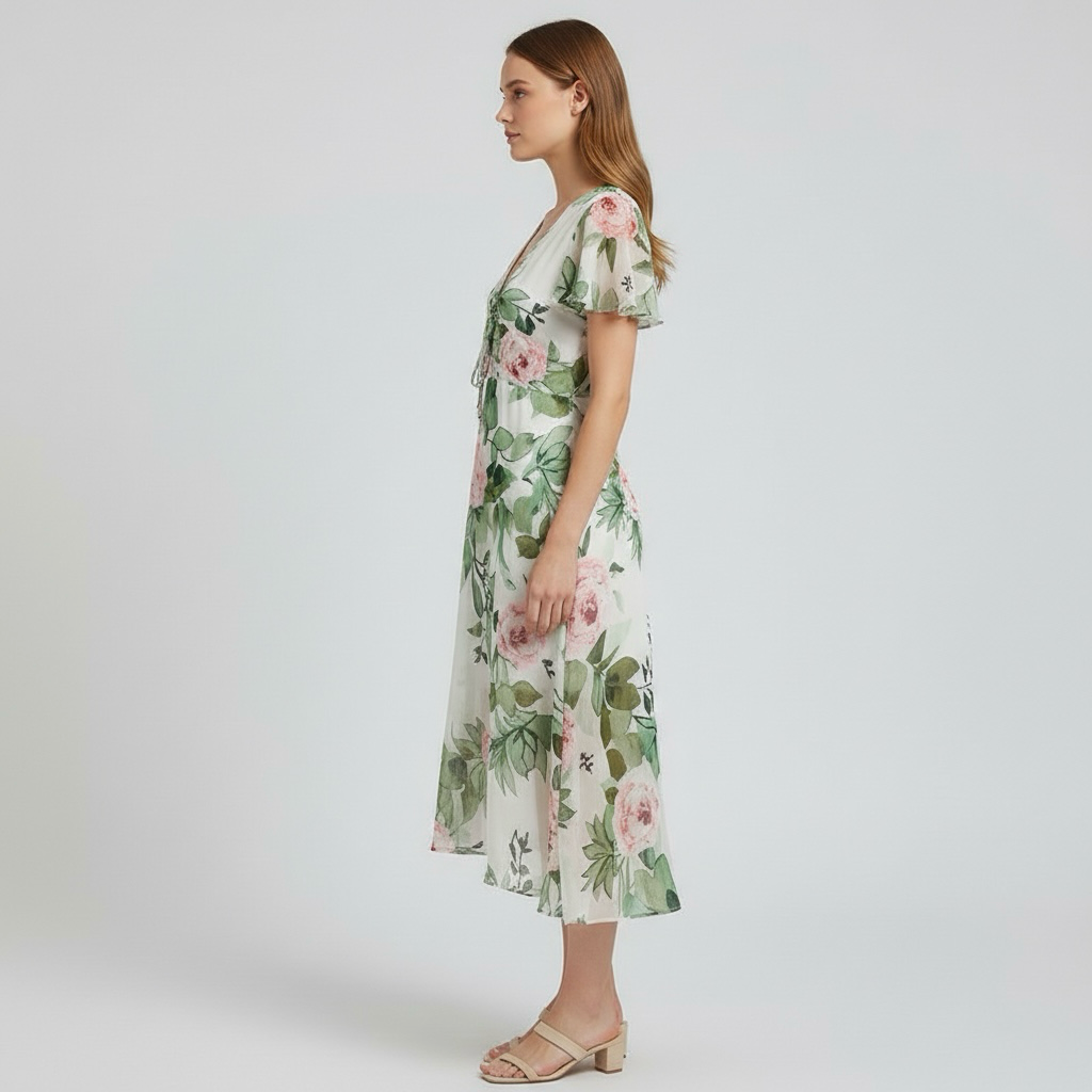 Vestido midi floral con mangas cortas para mujer