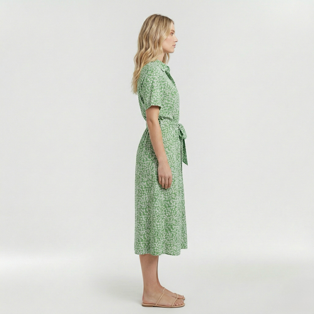 Vestito midi stampato con cintura e manica corta da donna