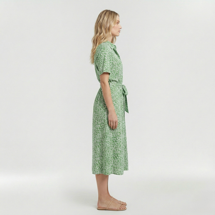 Vestito midi stampato con cintura e manica corta da donna