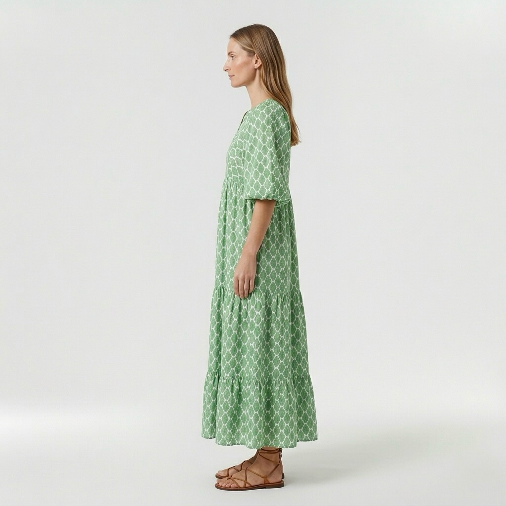 Abito lungo verde a fantasia con maniche corte da donna