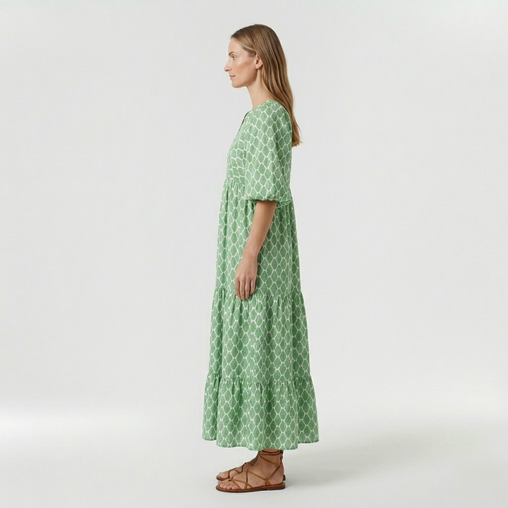 Abito lungo verde a fantasia con maniche corte da donna