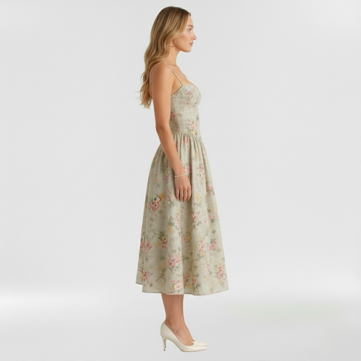 Vestito midi da donna con corpetto a corsetto a stampa floreale