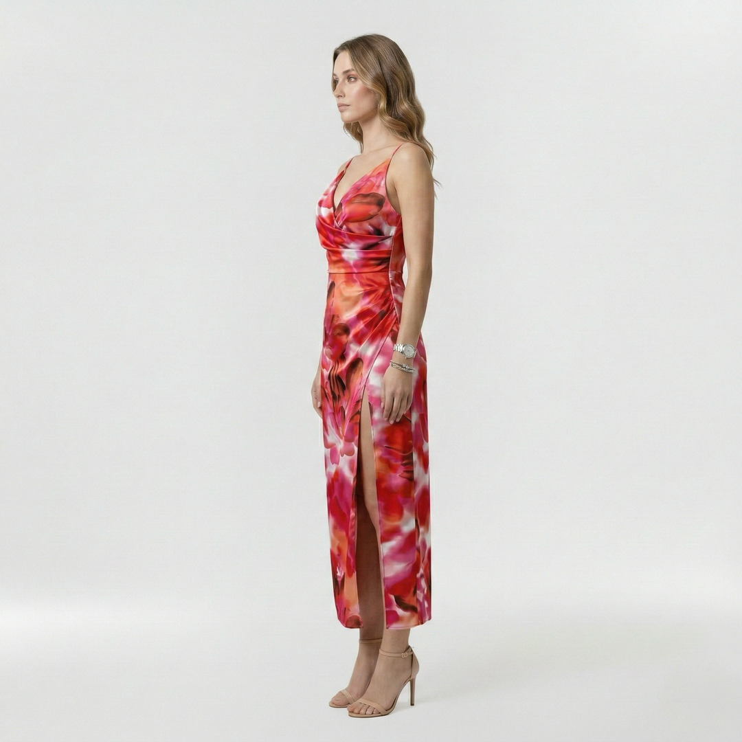 Abito lungo con spacco laterale e bretelle per donna