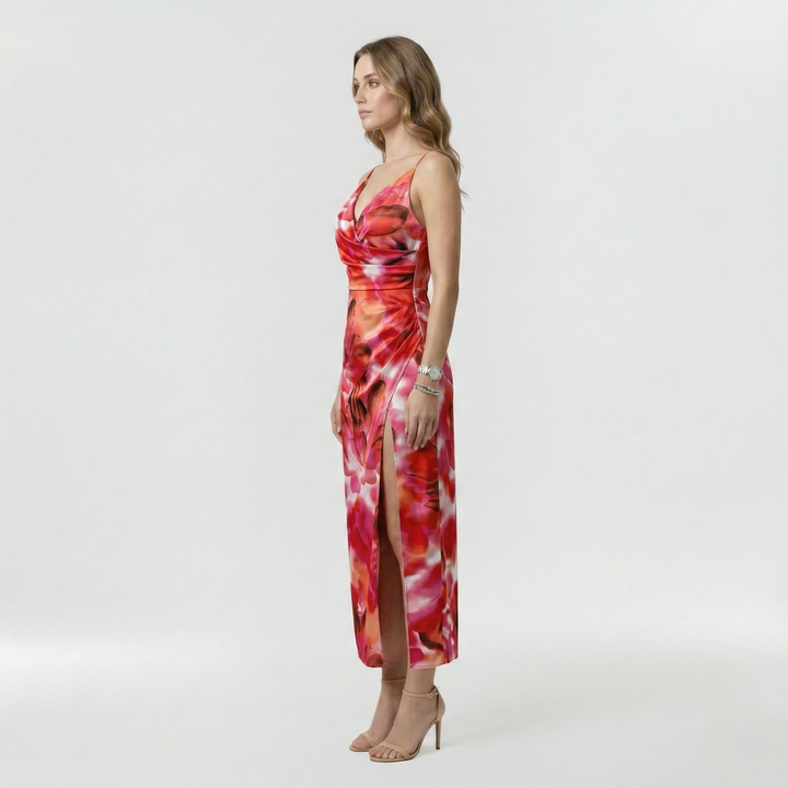 Abito lungo con spacco laterale e bretelle per donna