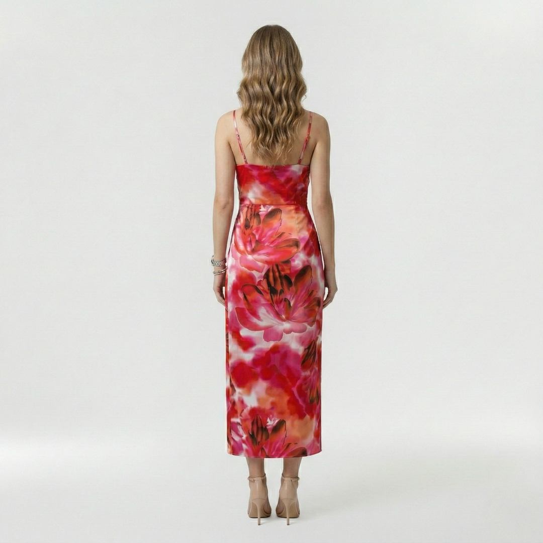 Abito lungo con spacco laterale e bretelle per donna