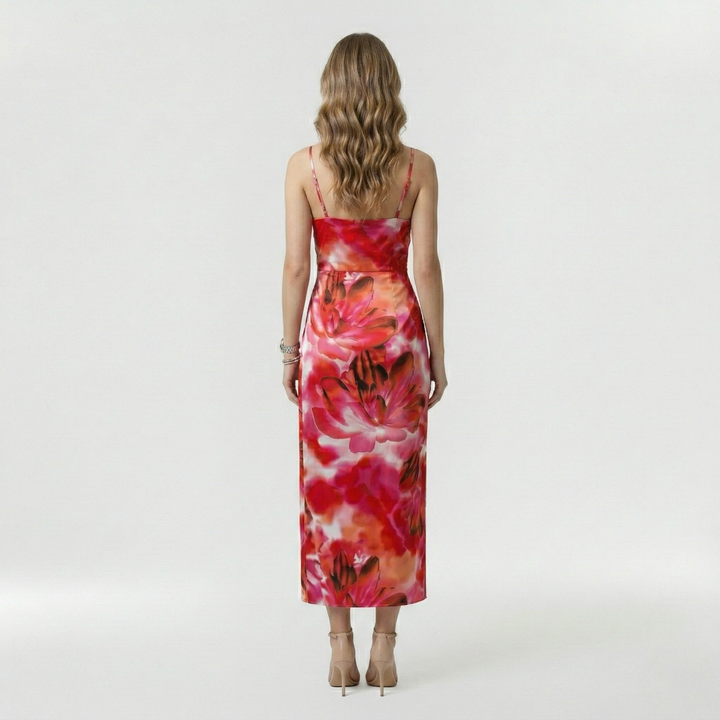 Abito lungo con spacco laterale e bretelle per donna