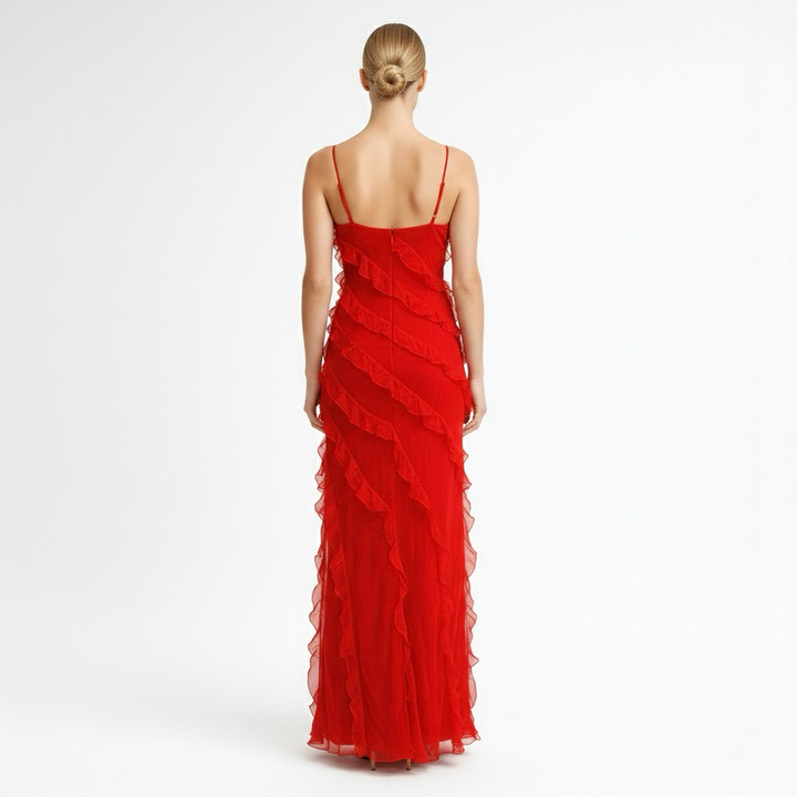 Abito lungo da sera per donna con spalline e design a strati