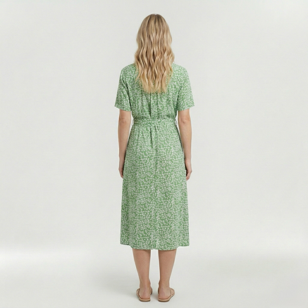 Vestito midi stampato con cintura e manica corta da donna