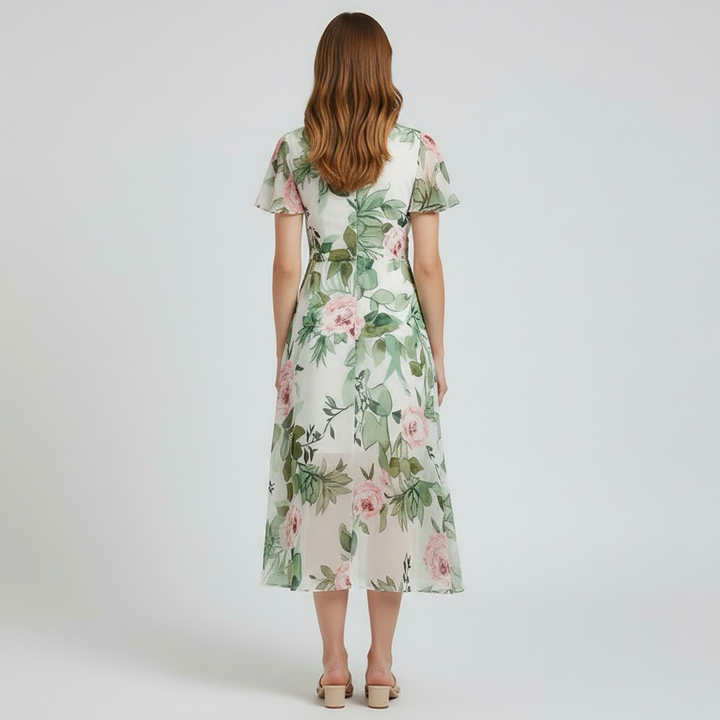 Vestido midi floral con mangas cortas para mujer