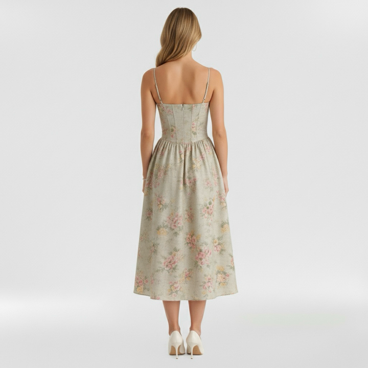Vestito midi da donna con corpetto a corsetto a stampa floreale