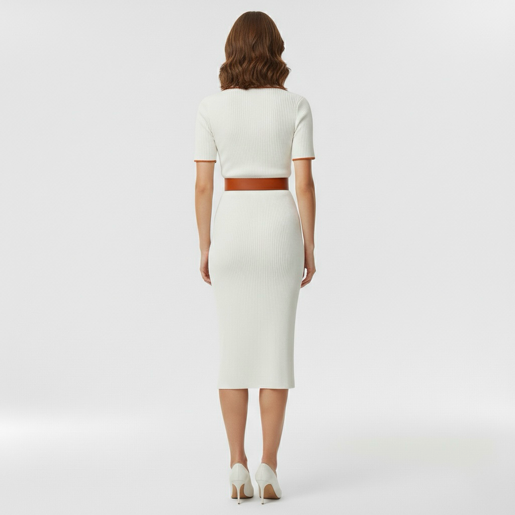 Vestido midi con cinturón de manga corta para trabajo y eventos