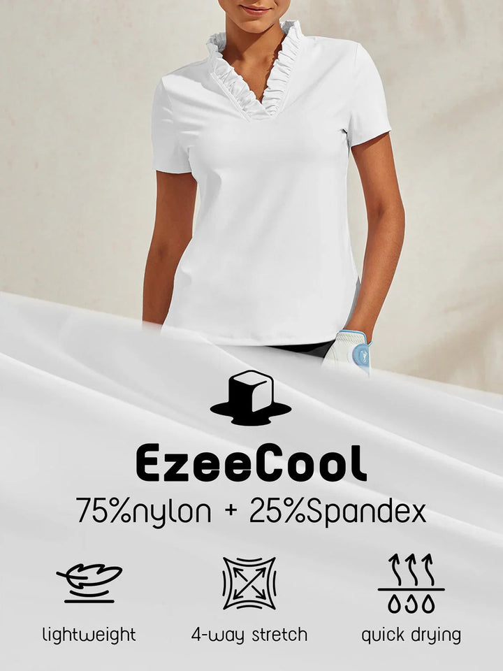 Golf-Poloshirt für Damen mit UV-Schutz UPF50+ und V-Ausschnitt mit Rüschen | Atmungsaktives Sport-T-Shirt mit kurzen Ärmeln