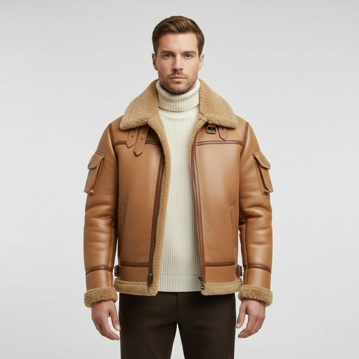 Pánská kožená bunda s beránkem v barvě velbloudí srsti na zimu