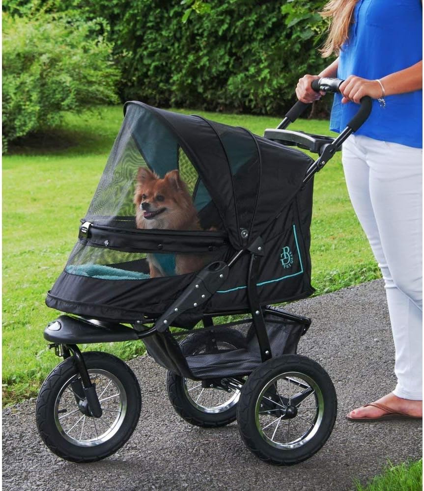 No-Zip NV Haustier-Buggy für Katzen/Hunde, Einstieg ohne Reißverschluss, einfaches Zusammenklappen mit einer Hand, Reifen mit Gelfüllung, Plüschpolster + Wetterschutz inklusive, 3 Farben