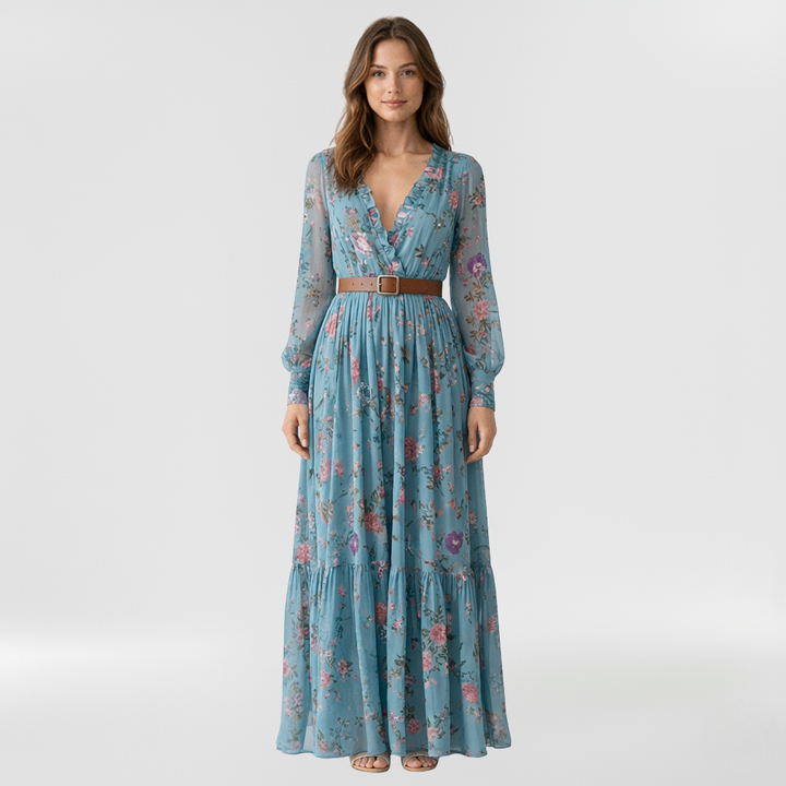 Dlouhé vzorované šaty pro ženy s volnými dlouhými rukávy