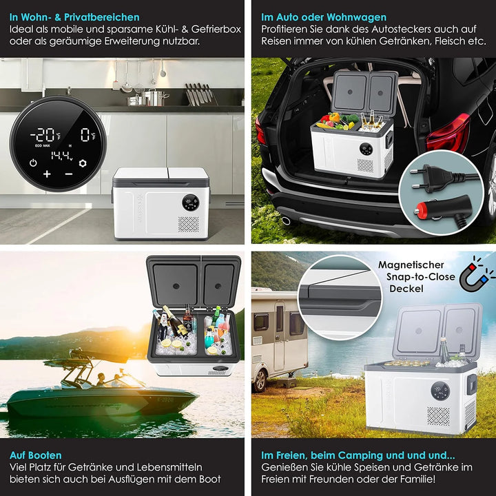 KESSER® Kompressor Kühlbox 2in1 Doppelzone Kühl & Gefrierfach elektrische Gefrierbox mit 2x Kühlakkus & LED-Touch-Bedienung | Kühlschrank Kühlung bis -20 °C für Camping, Auto, Lkw 12/24V 230V