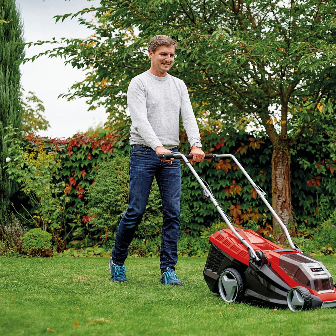 Einhell Akku-Rasenmäher GE-CM 36/36 Li Kit Power X-Change (36 V, 36 cm Schnittbreite, bis 400 m², Brushless, 40L Fangkorb, 25-75 mm Schnitthöhe, inkl. 2x 4,0 Ah Akku + 2x Ladegerät)