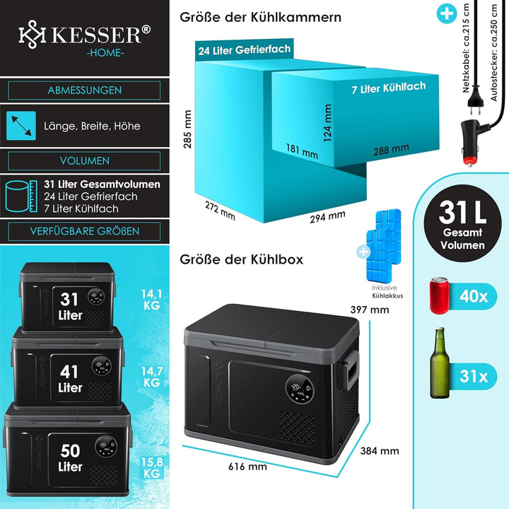 KESSER Kompressor Kühlbox 2in1 Doppelzone Kühl & Gefrierfach elektrische Gefrierbox mit 2x Kühlakkus & LED-Touch-Bedienung | Kühlschrank Kühlung bis -20 °C für Camping, Auto, Lkw 12/24V 230V