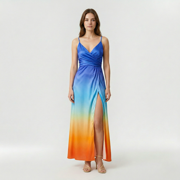 Abito lungo con spacco laterale e bretelle per donna