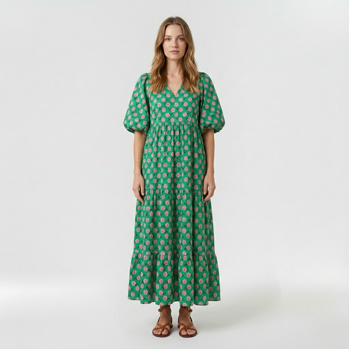 Abito lungo verde a fantasia con maniche corte da donna