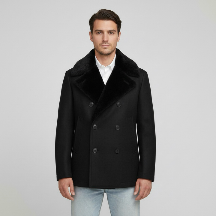 Férfi hosszú télikabát dupla soros gombolással